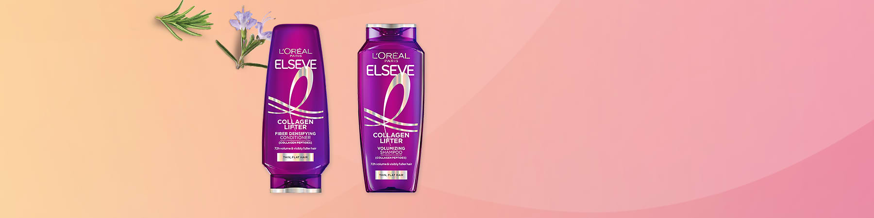 Slika koja prikazuje L Oreal Elseve Collagen Lifter šampon i regenerator na roze pozadini