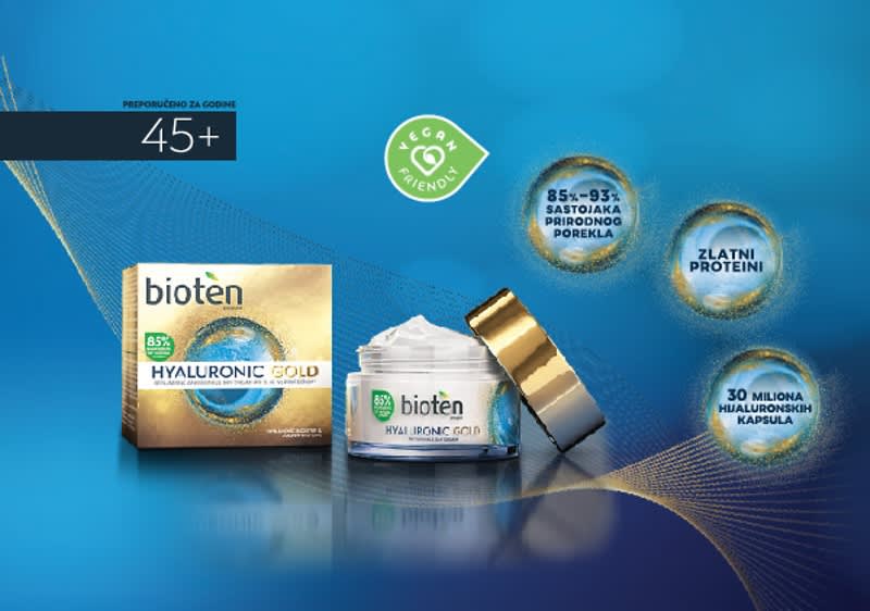 Slika koja prikazuje Bioten Hyaluronic Gold kremu i kutiju na plavoj pozadini ključna reč: hyaluronic gold