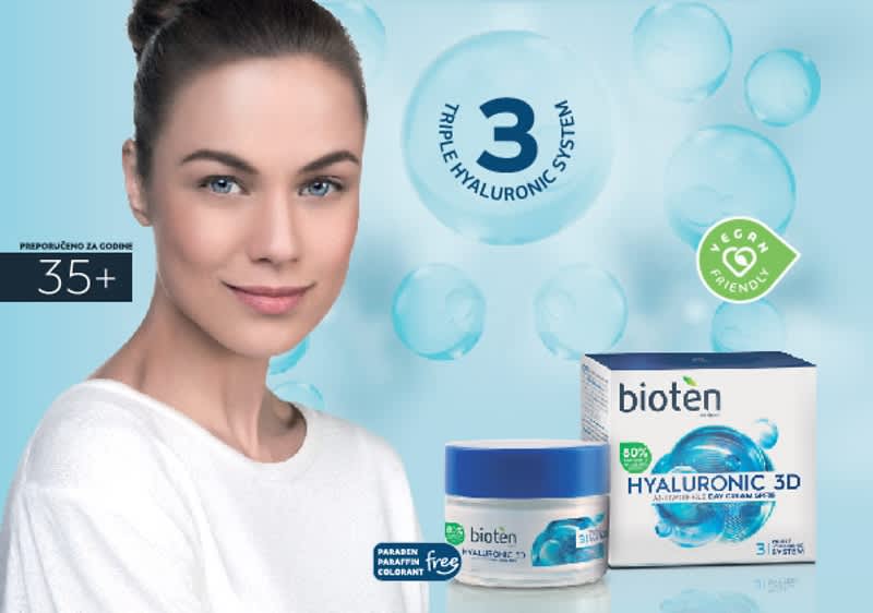Slika koja prikazuje pakovanje kreme Bioten Hyaluronic 3D uz lice žene ključna reč: hyaluronic