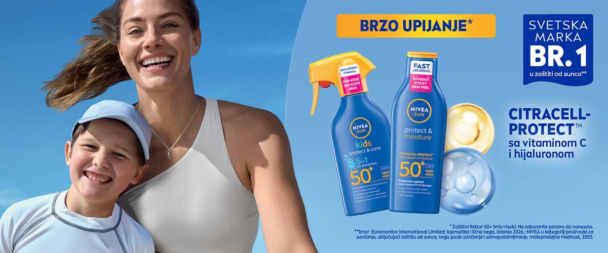 Slika koja prikazuje Nivea Sun SPF 50+ sprej i losion za zaštitu i hidrataciju kože