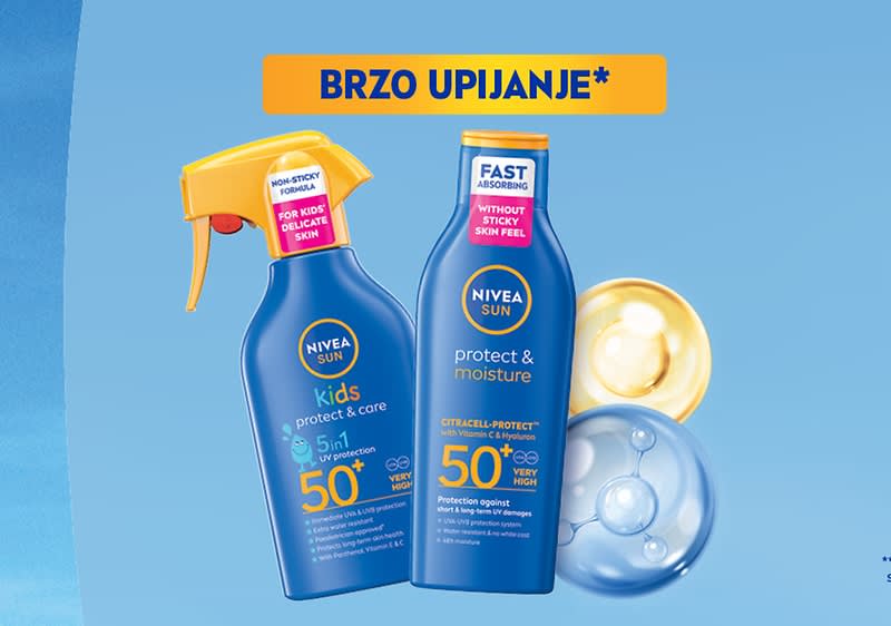 Slika koja prikazuje NIVEA Sun losion i sprej za zaštitu kože sa SPF 50+