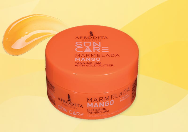 Slika koja prikazuje narandžasti teglić Afrodite Sun Care marmelada mango za tamnjenje