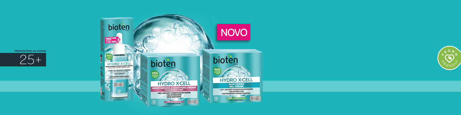 Slika koja prikazuje Bioten Hydro X-Cell hidratantne kreme u pakovanjima na tirkiznoj pozadini, ključna reč: hidro x-cell