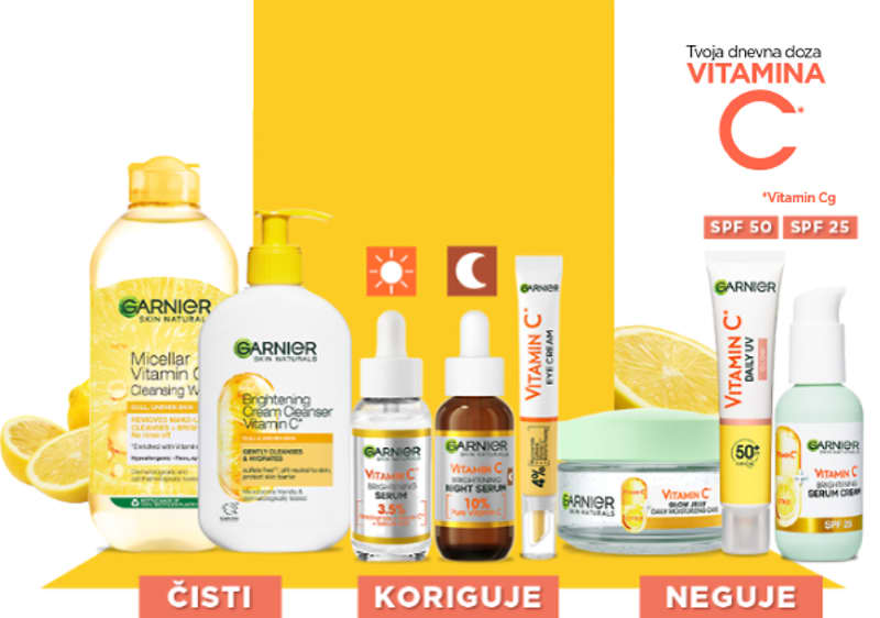 Slika koja prikazuje Garnier proizvode sa vitaminom C u žuto belom rasporedu