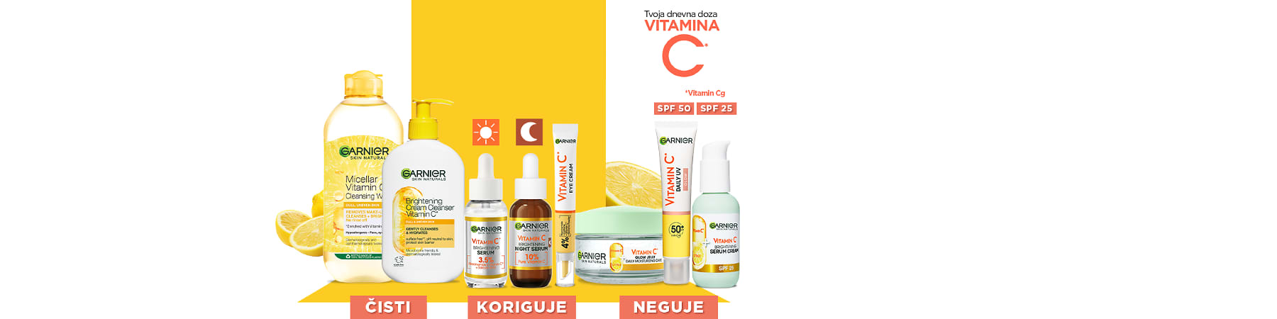 Slika koja prikazuje Garnier proizvode sa vitaminom C za čišćenje i negu kože