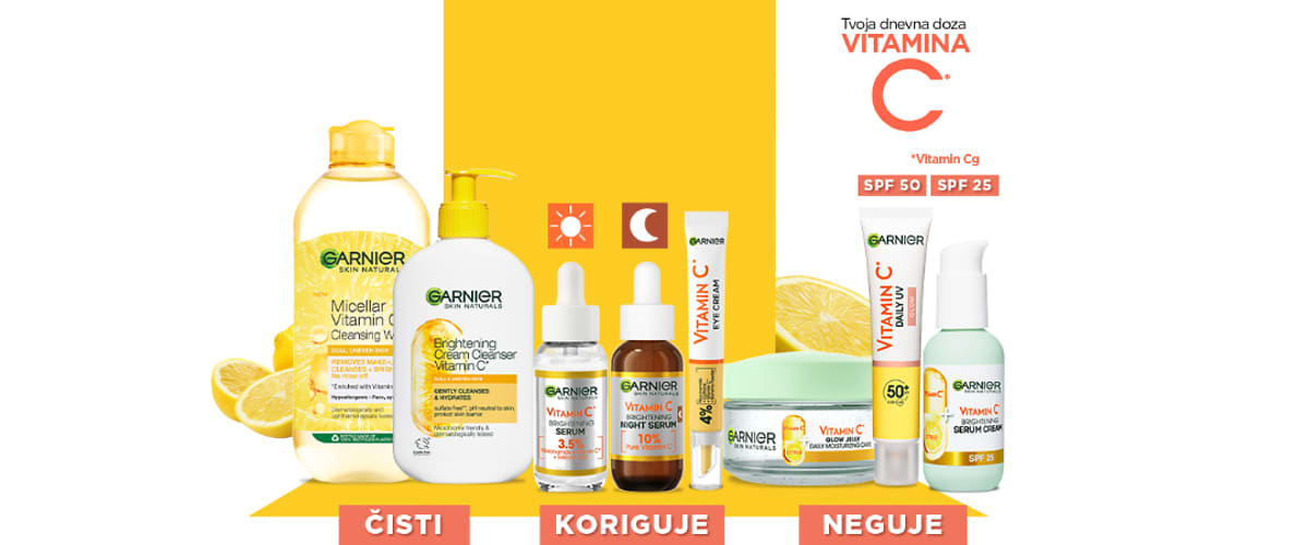 Slika koja prikazuje Garnier proizvode sa vitaminom C za čišćenje i negu kože