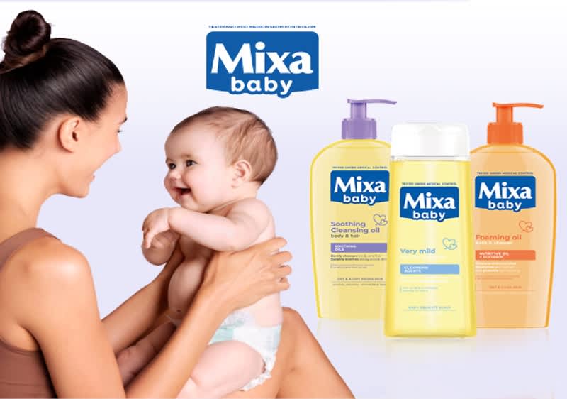 Slika koja prikazuje Mixa baby proizvod uz majku koja drži bebu