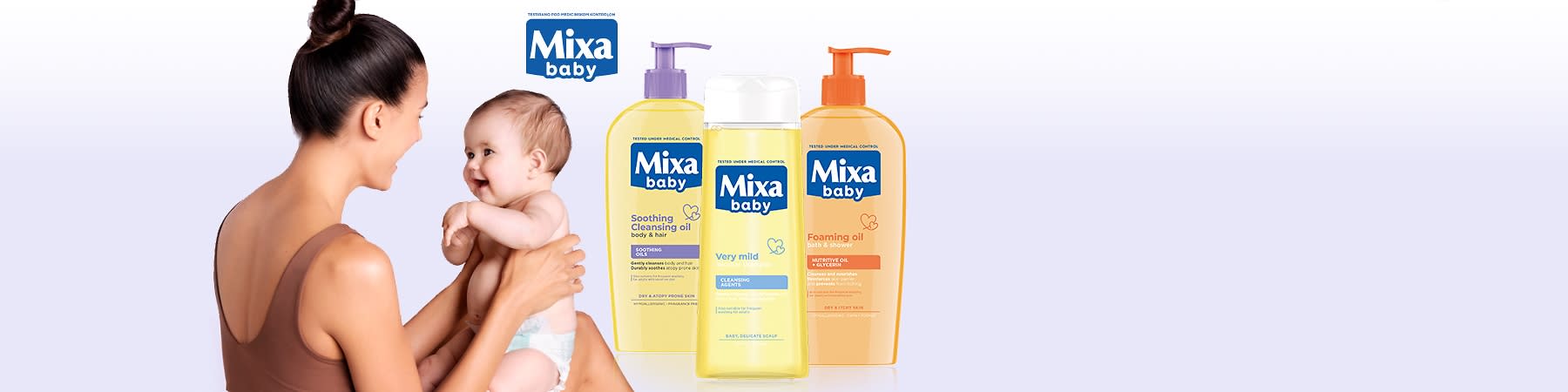 Slika koja prikazuje Mixa baby proizvod uz majku koja drži bebu