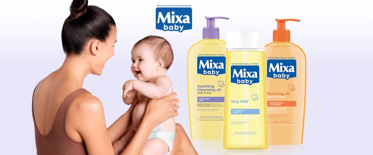 Slika koja prikazuje Mixa baby proizvod uz majku koja drži bebu
