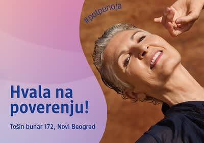 Slika osobe sa podignutom rukom i natpisom 'Hvala na poverenju' na ljubičastoj pozadini