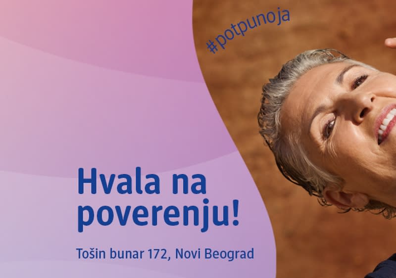 Reklama sa tekstom 'Hvala na poverenju' i adresom u Novom Beogradu