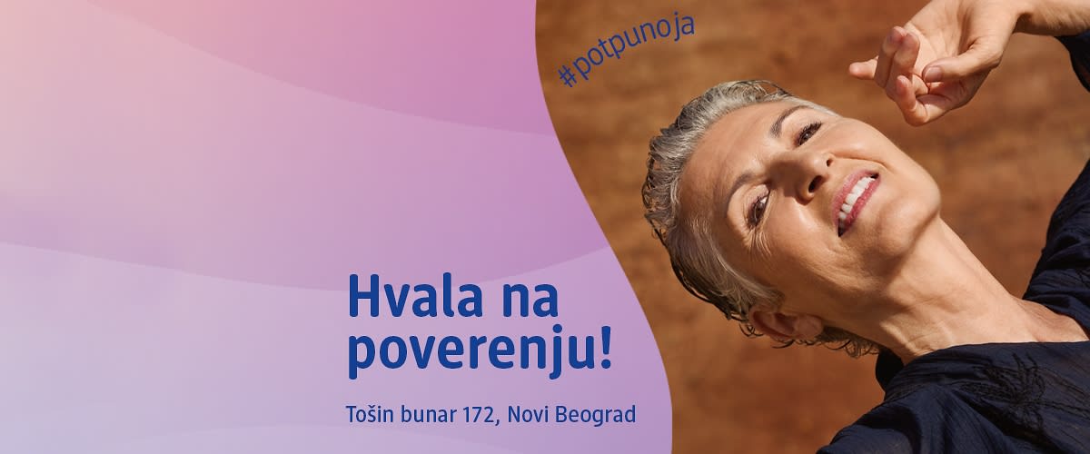 Reklama sa tekstom 'Hvala na poverenju' i adresom u Novom Beogradu