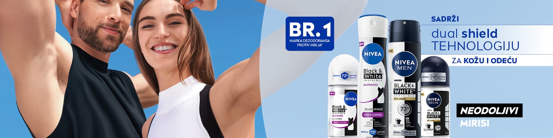 Slika reklamnog banera sa NIVEA Black & White dezodoransima i parom ljudi u pozadini