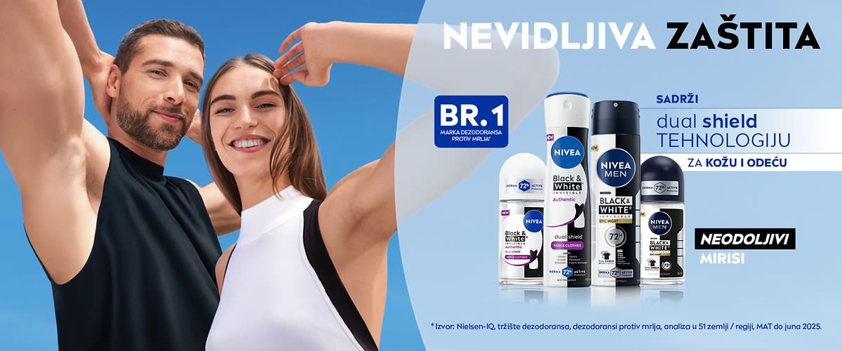 Slika reklamnog banera sa NIVEA Black & White dezodoransima i parom ljudi u pozadini