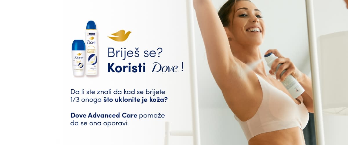 Slika koja prikazuje ženu koja se vrlo srećno brije pod pazuh sprejom Dove reklamni tekst Briješ se Koristi Dove