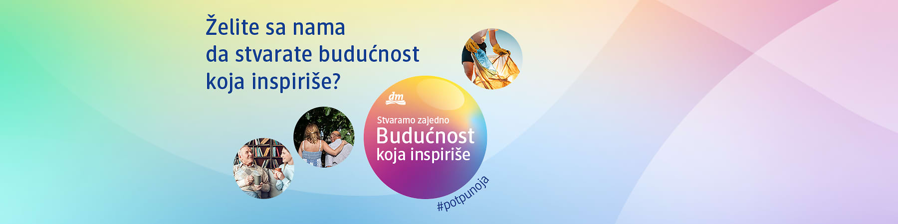 Dvije djevojke u bijelim majicama s dm logom. Tekst: "Mi ojećamo žar za budućnost. A vi? hashtag #bašja i Logo Već 30 godina dm-a