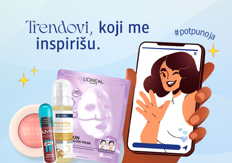 Slika koja prikazuje mobilni telefon sa influenserkom i kozmetičke proizvode na plavoj pozadini ključna reč trendovi