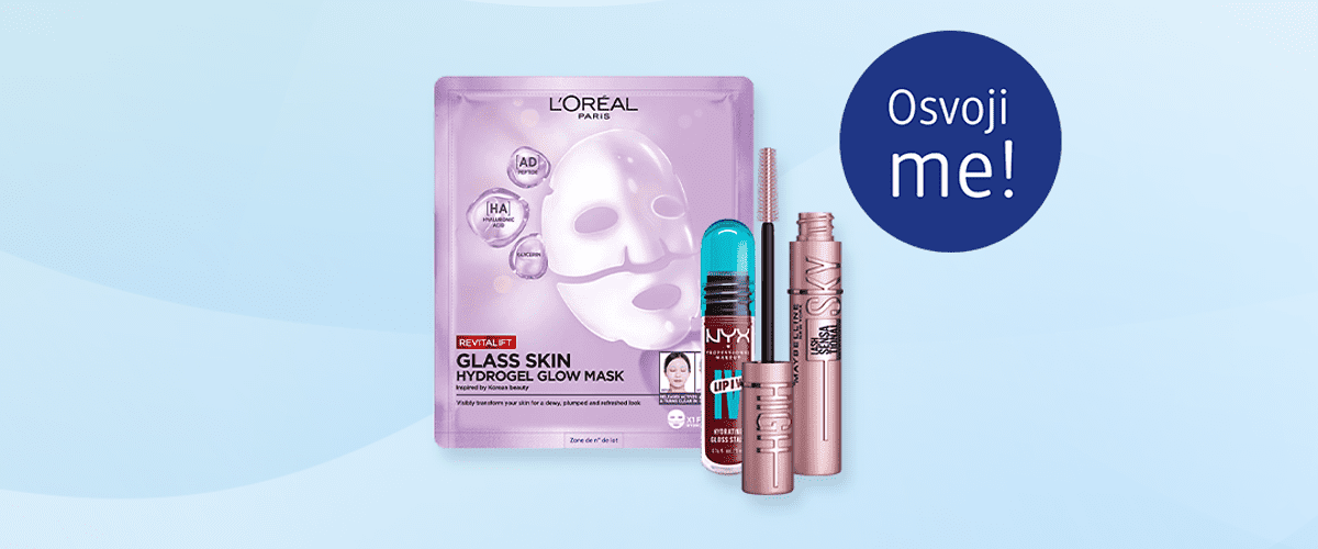 Slika koja prikazuje masku za lice L Oreal Glass Skin i tri kozmetička proizvoda uz plavi krug sa natpisom Osvoji me