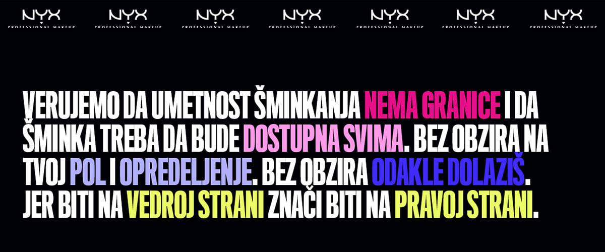 Slika koja prikazuje poster sa natpisom o umetnosti šminkanja i logoom NYX Professional Makeup