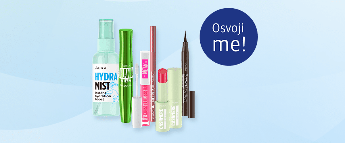 Slika koja prikazuje masku za lice L Oreal Glass Skin i tri kozmetička proizvoda uz plavi krug sa natpisom Osvoji me