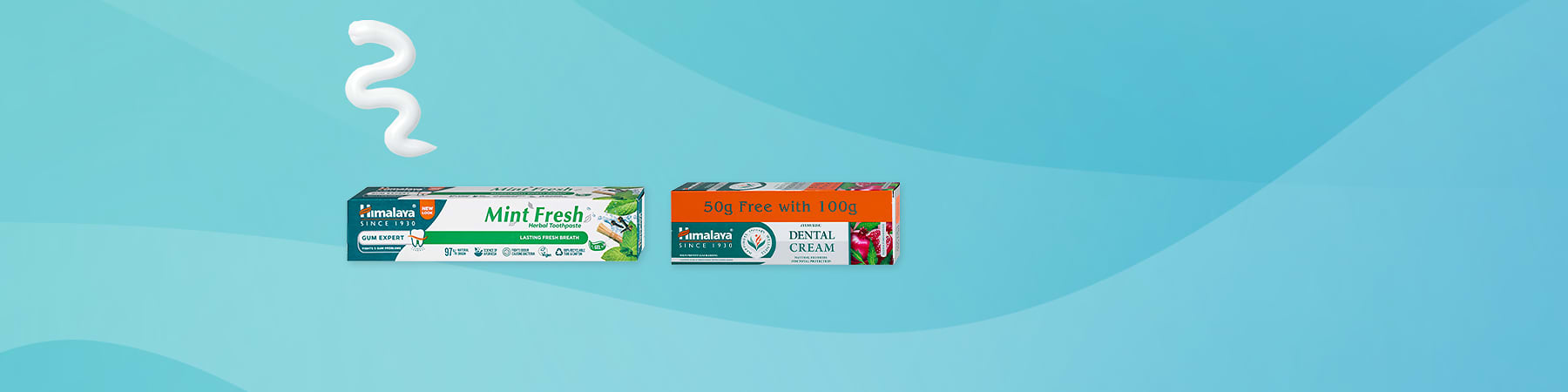 Slika koja prikazuje dve kutije paste za zube Himalaya Mint Fresh i Dental Cream sa iscrtanim belim tragom paste