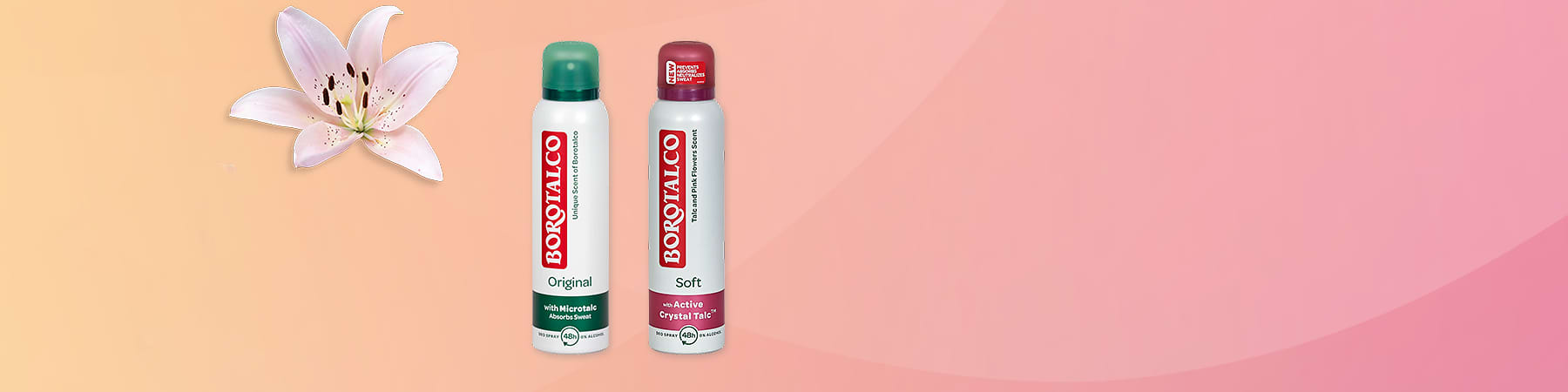 Slika koja prikazuje dva spreja Borotalco dezodoransa na roze pozadini ključna reč: Borotalco