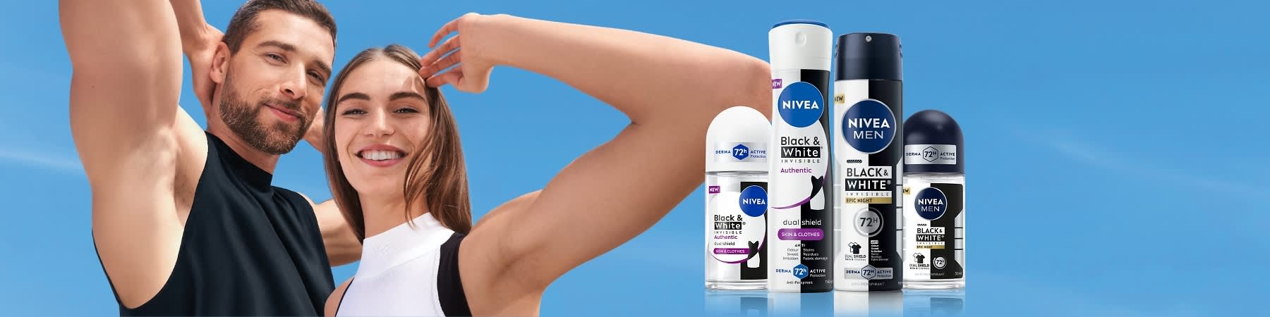 Slika koja prikazuje više Nivea Black & White dezodoransa na plavoj pozadini