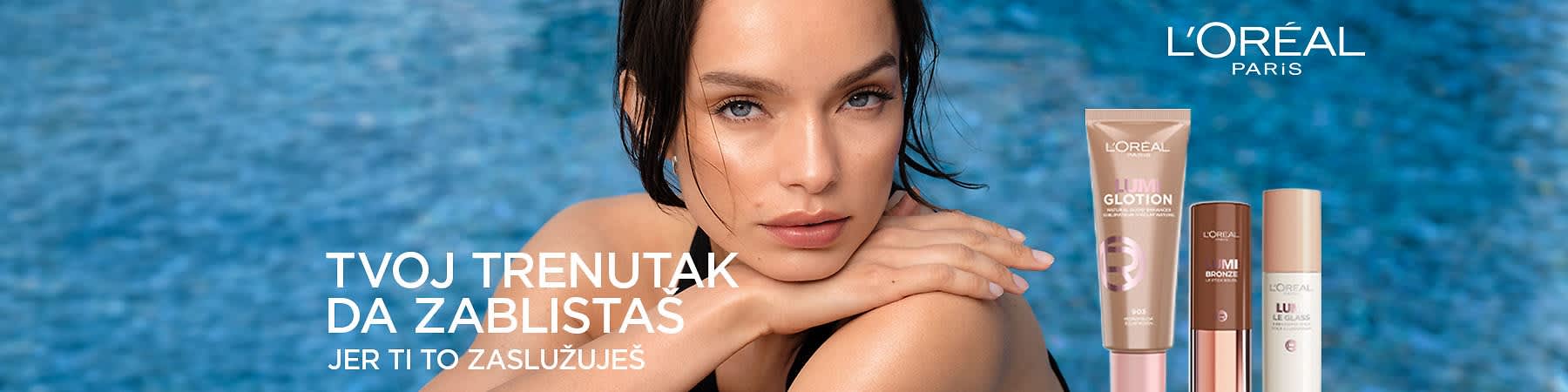 Slika koja prikazuje ženu pored bazena uz proizvode L'Oréal bronzer ključna reč: bronzer