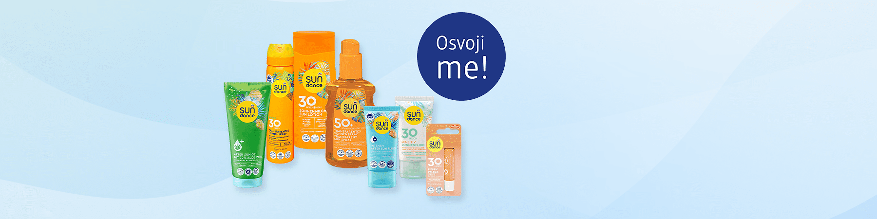 Slika koja prikazuje nekoliko Sun Dance proizvoda za zaštitu od sunca poput krema i sprejeva