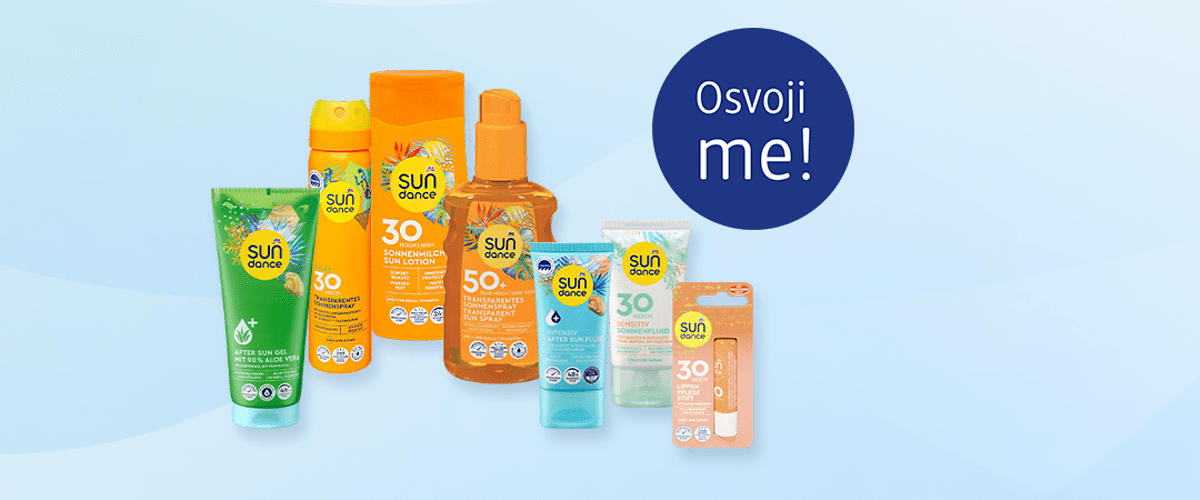 Slika koja prikazuje nekoliko Sun Dance proizvoda za zaštitu od sunca poput krema i sprejeva