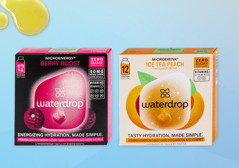Slika koja prikazuje Waterdrop kutije napitaka ukus berry boost i ice tea peach