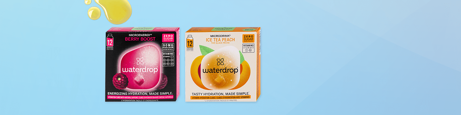 Slika koja prikazuje Waterdrop kutije napitaka ukus berry boost i ice tea peach