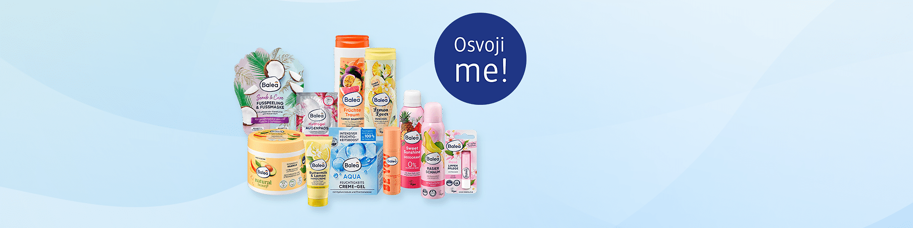 Slika koja prikazuje razne Balea kozmetičke proizvode na svetlom pozadini