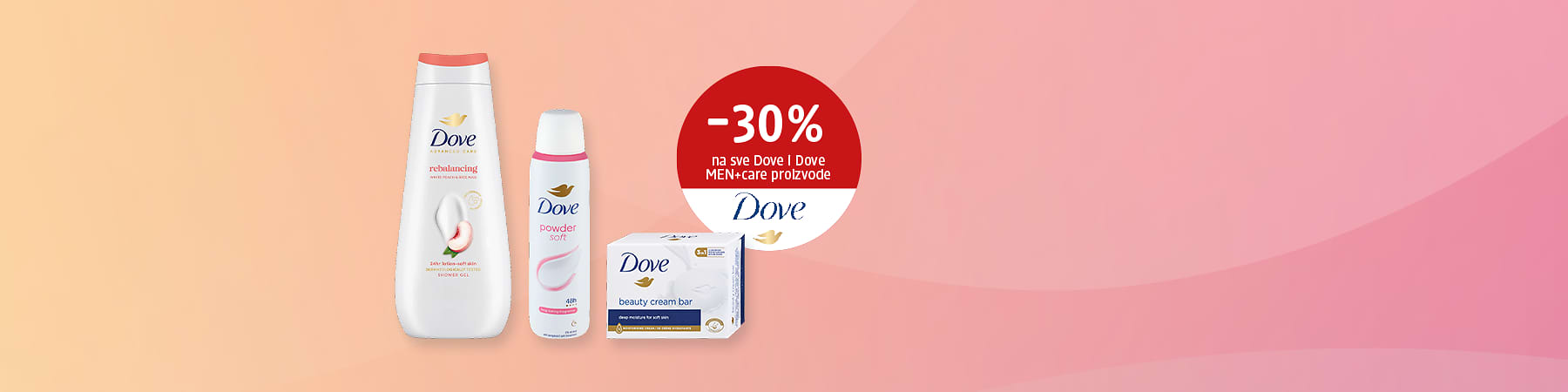 Slika koja prikazuje Dove gel za tuširanje, dezodorans i sapun uz oznaku popusta -30%