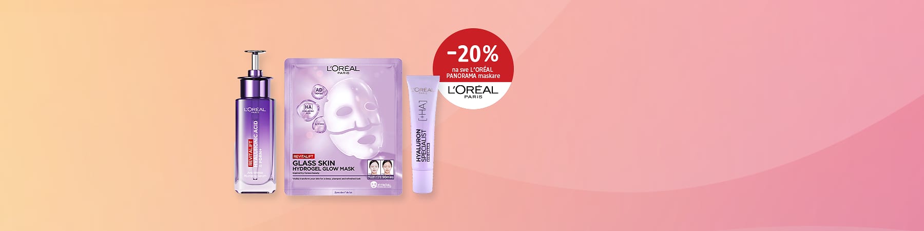 Slika koja prikazuje L'Oréal proizvode za negu kože sa maskom i natpisom -20% ključna reč: L'Oréal