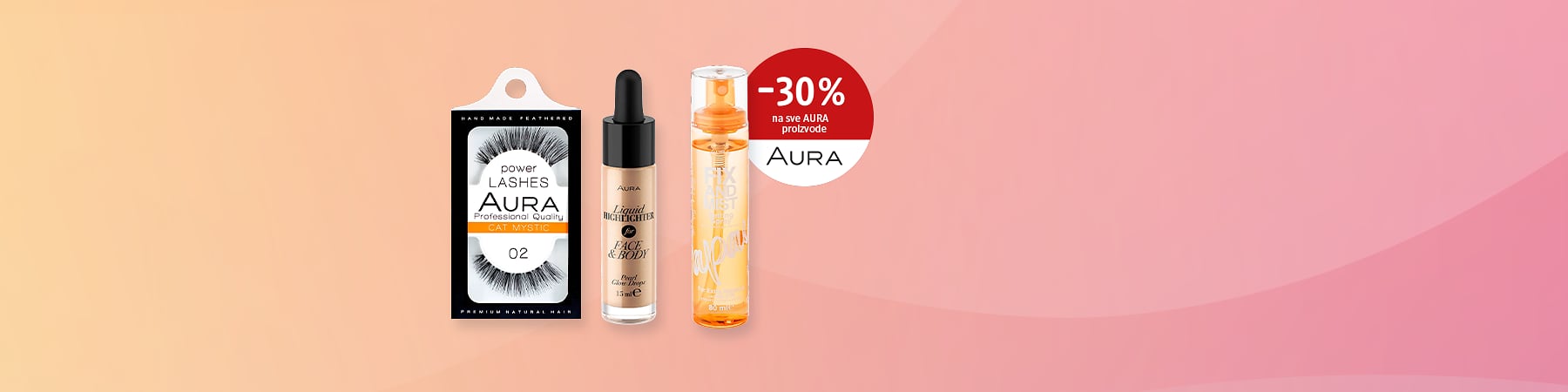 Slika koja prikazuje Aura beauty proizvode trepavice tečni highlighter i fiksator sa popustom -30%