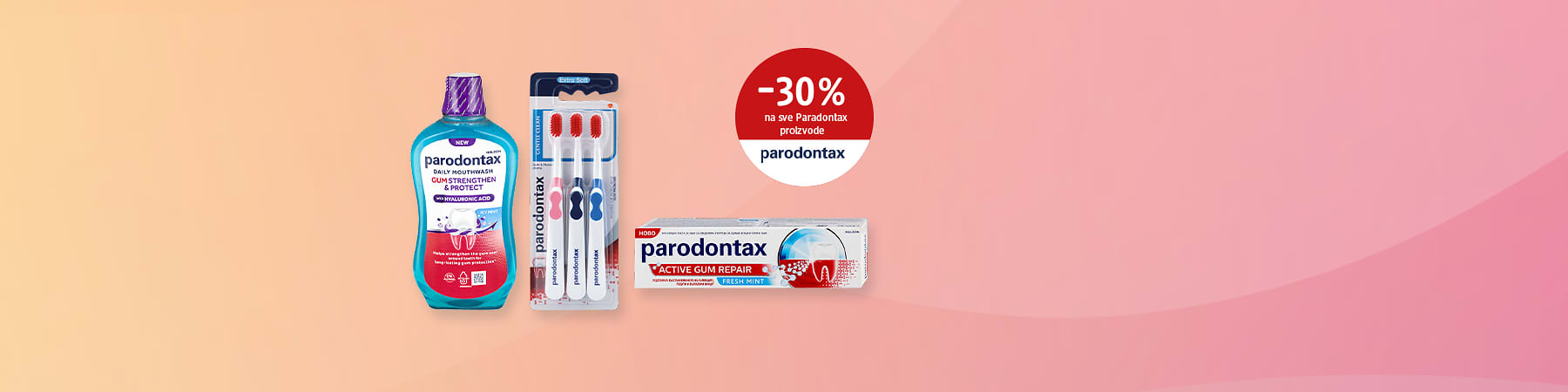 Slika koja prikazuje Parodontax usta vodicu četkice i pastu za zube sa znakom -30% na roze pozadini