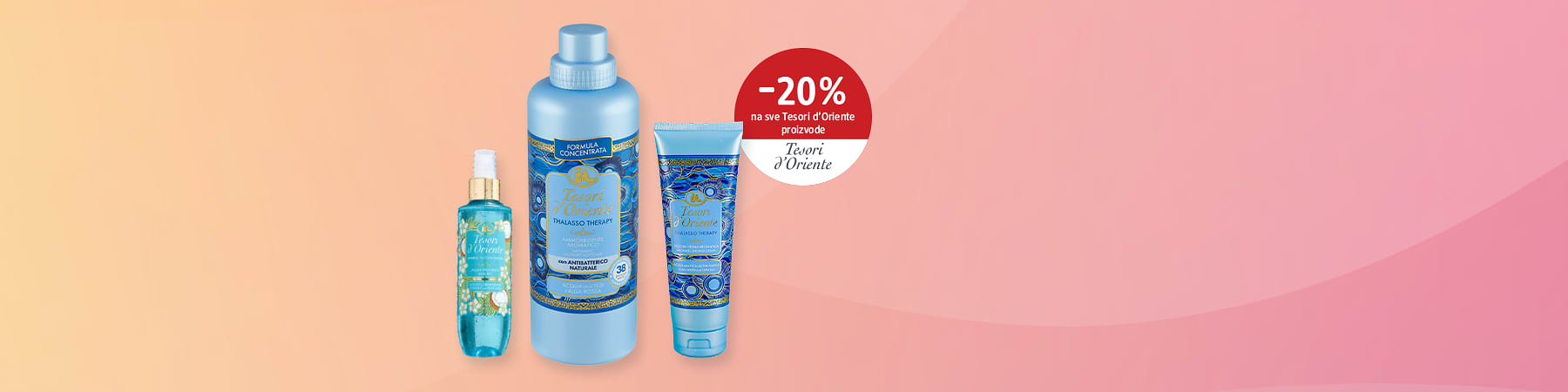 Slika koja prikazuje tri plava proizvoda brenda Tesori d'Oriente i crveni krug sa natpisom -20%