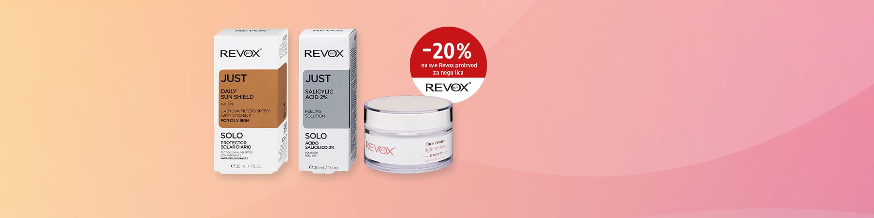 Slika koja prikazuje Revox kozmetičke proizvode sa oznakom -20% popusta