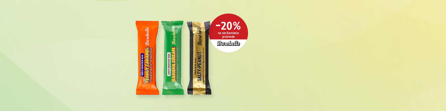 Slika koja prikazuje tri Barebells proteinske pločice i crveni krug sa natpisom -20% na proizvodima