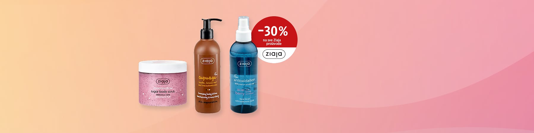 Slika koja prikazuje tri Ziaja kozmetička proizvoda uz oznaku -30% popusta