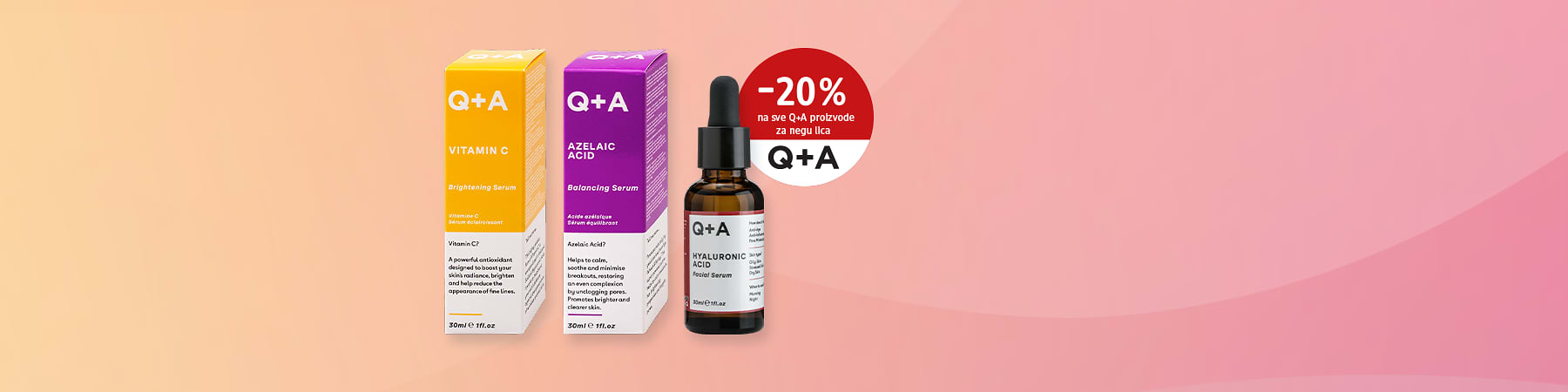 Slika koja prikazuje Q+A vitamine C i azelaičnu kiselinu u kutijama i bočicu hijaluronskog seruma