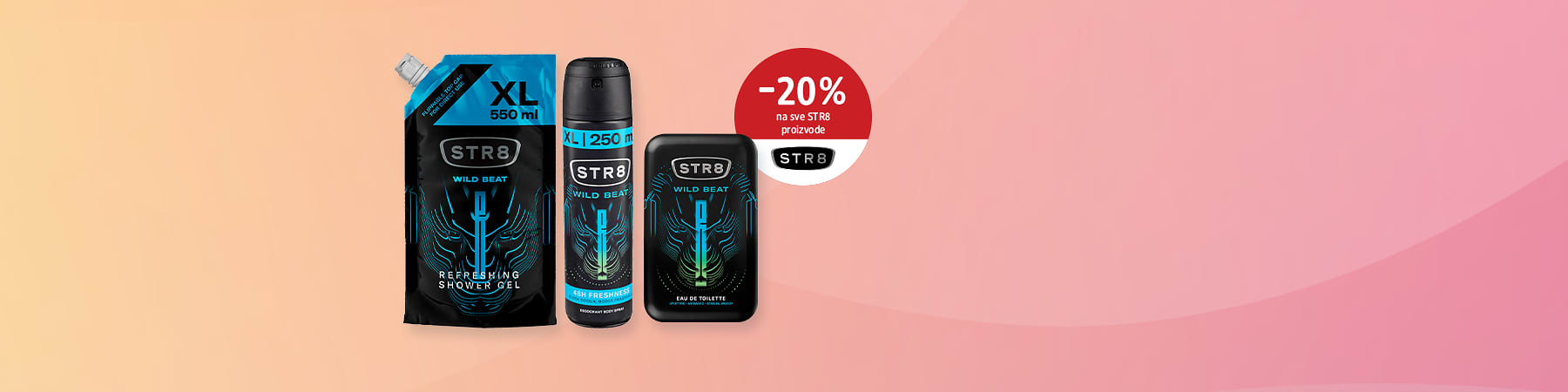Slika koja prikazuje STR8 Wild Beat gel za tuš 550 ml sprej 250 ml i toaletnu vodu uz oznaku -20% korting