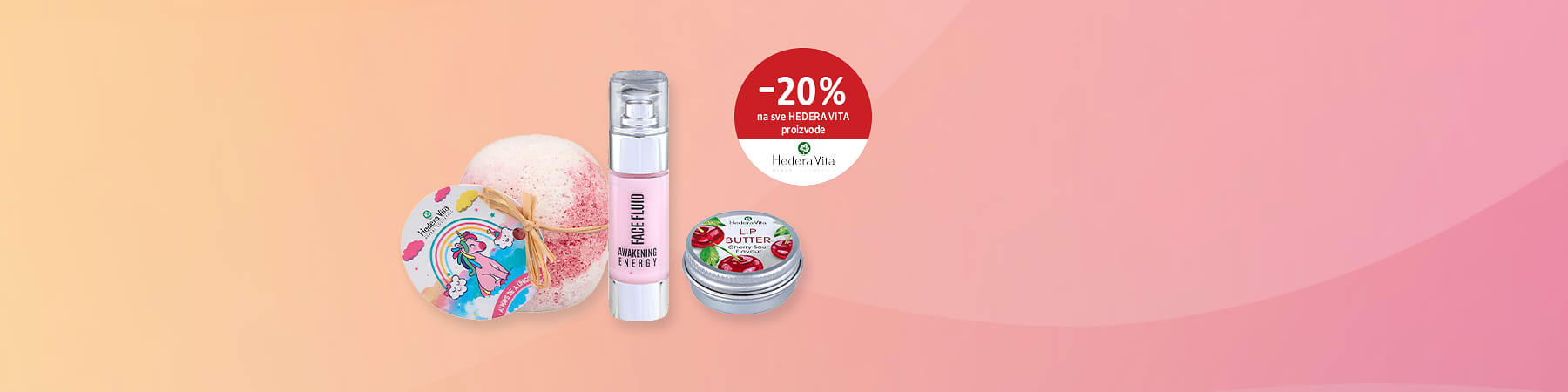 Slika koja prikazuje HEDERA VITA kozmetiku uključujući kupku bombu serum i balzam uz oznaku akcije -20%