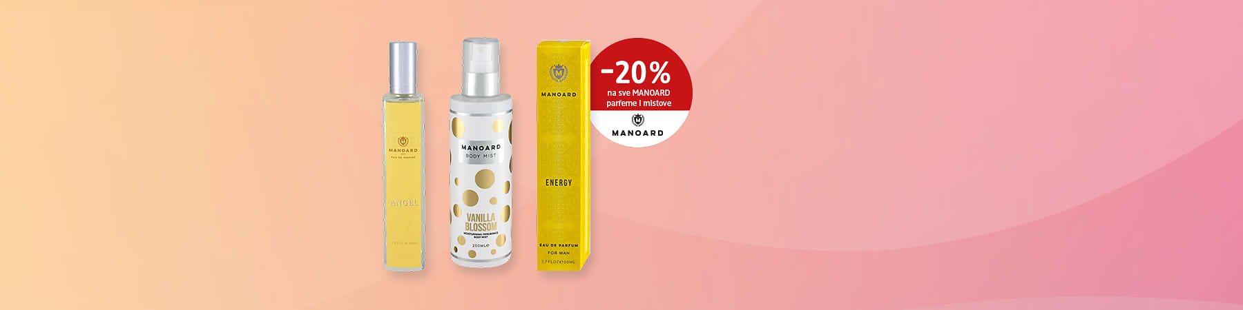 Slika koja prikazuje tri Manoard mirisa flašice i kutija uz crveni krug sa -20%