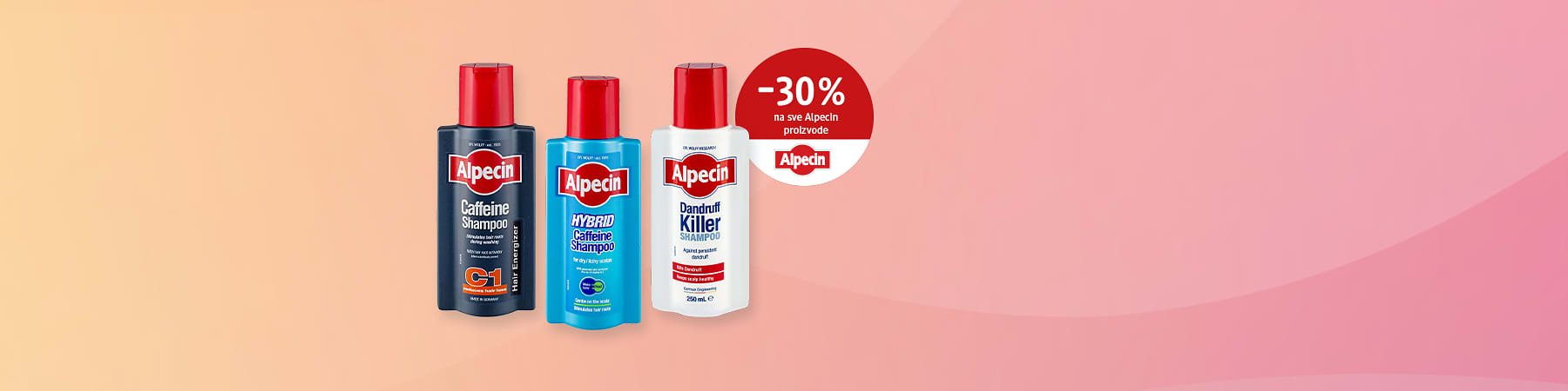 Slika koja prikazuje tri bočice Alpecin šampona sa natpisom popust -30% na proizvode
