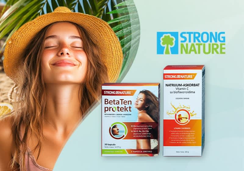 Slika koja prikazuje ženu sa šeširom i proizvode Strong Nature suplementi