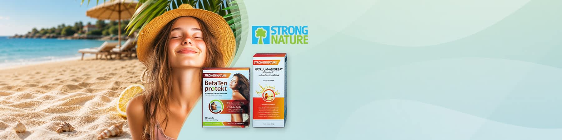 Slika koja prikazuje ženu sa šeširom i proizvode Strong Nature suplementi
