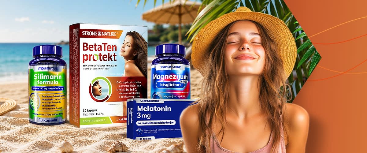 Slika koja prikazuje ženu sa slamnatim šeširom koja se smeši pored dodataka ishrani BetaTen magnezijum i melatonin