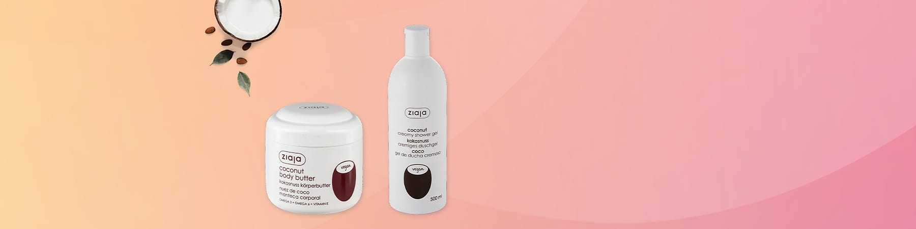 Slika koja prikazuje kokos puter i kokos gel za tuširanje na roze pozadini
